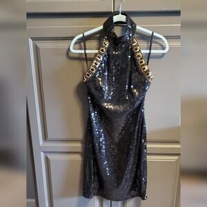 Niteline Black and Gold halter silk sequin sparkle mini Dress
